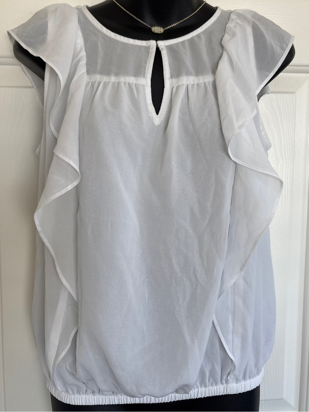 Express White Ruffle Sleeve Keyhole Sheer Blouse